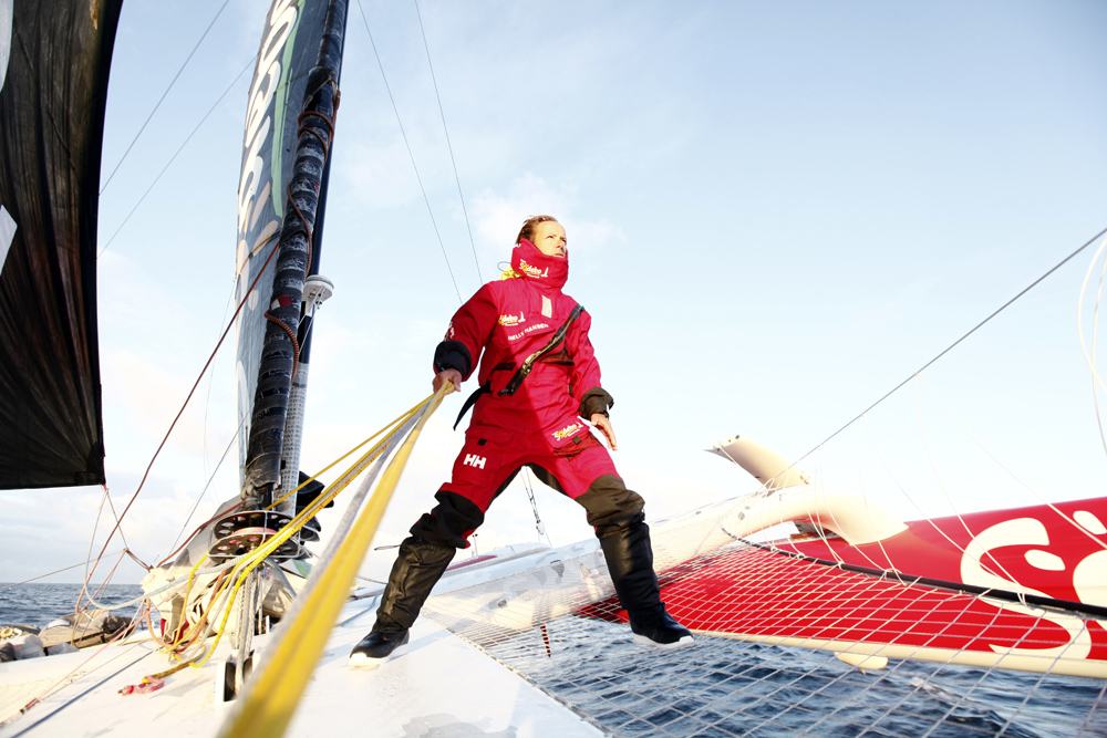 Thomas Coville and the trimaran Sodebo during a sea trial between La Trinite Sur Mer to Brest.Sail number : 34LOA : 31 m 97Beam : 16 m 55Water draught : 2 m 50Mast : 35 mDisplacement : 12 TSail. copyright : Christophe Launay