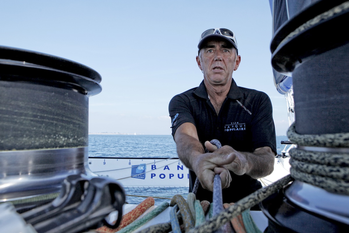 Loick Peyron onboard the Maxi Trimaran Solo Banque Populaire VII in preparation for "La Route du Rhum".