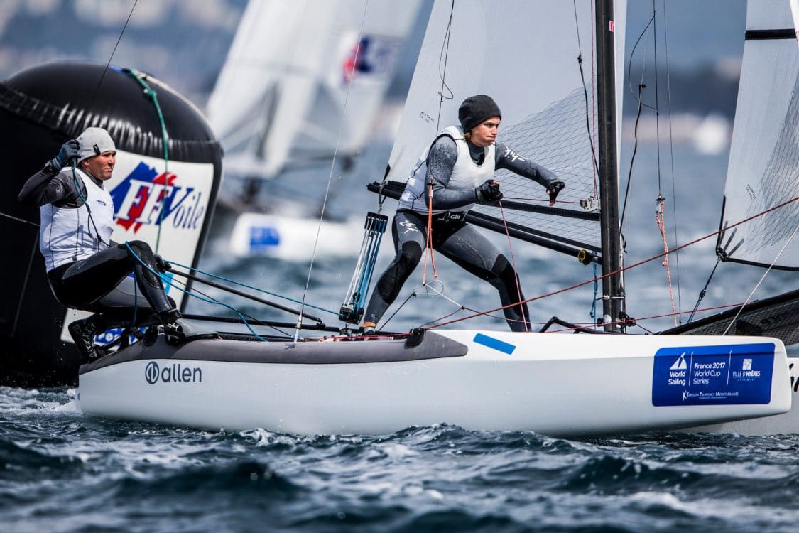 2017 World Cup Series Hyères, Classes, GBR 257 Chris Rashley GBRCR28 Laura Marimon Giovannetti GBRLM230, Nacra 17, Olympic Sailing, Pedro Martinez, Sailing Energy, World Cup Series Hyères 2017, World Sailing